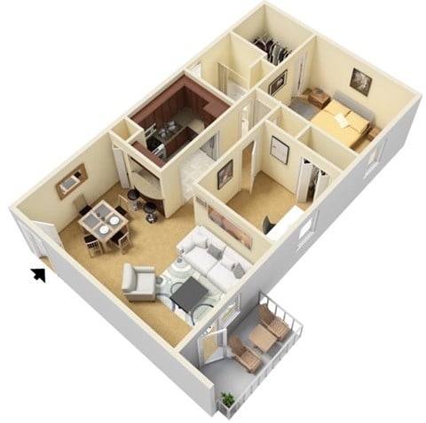 Floor plan for 1 bed, 1 bath, 950 sqft